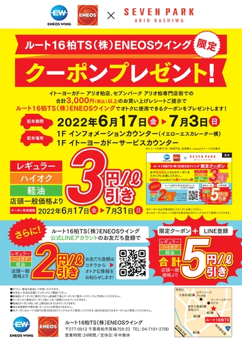 【6月17日(金)～7月3日(日)】ENEOS WING X SEVEN PARK ARIO KASHIWA ～ルート16柏TS(株)ENEOSウイング限定クーポンプレゼント!