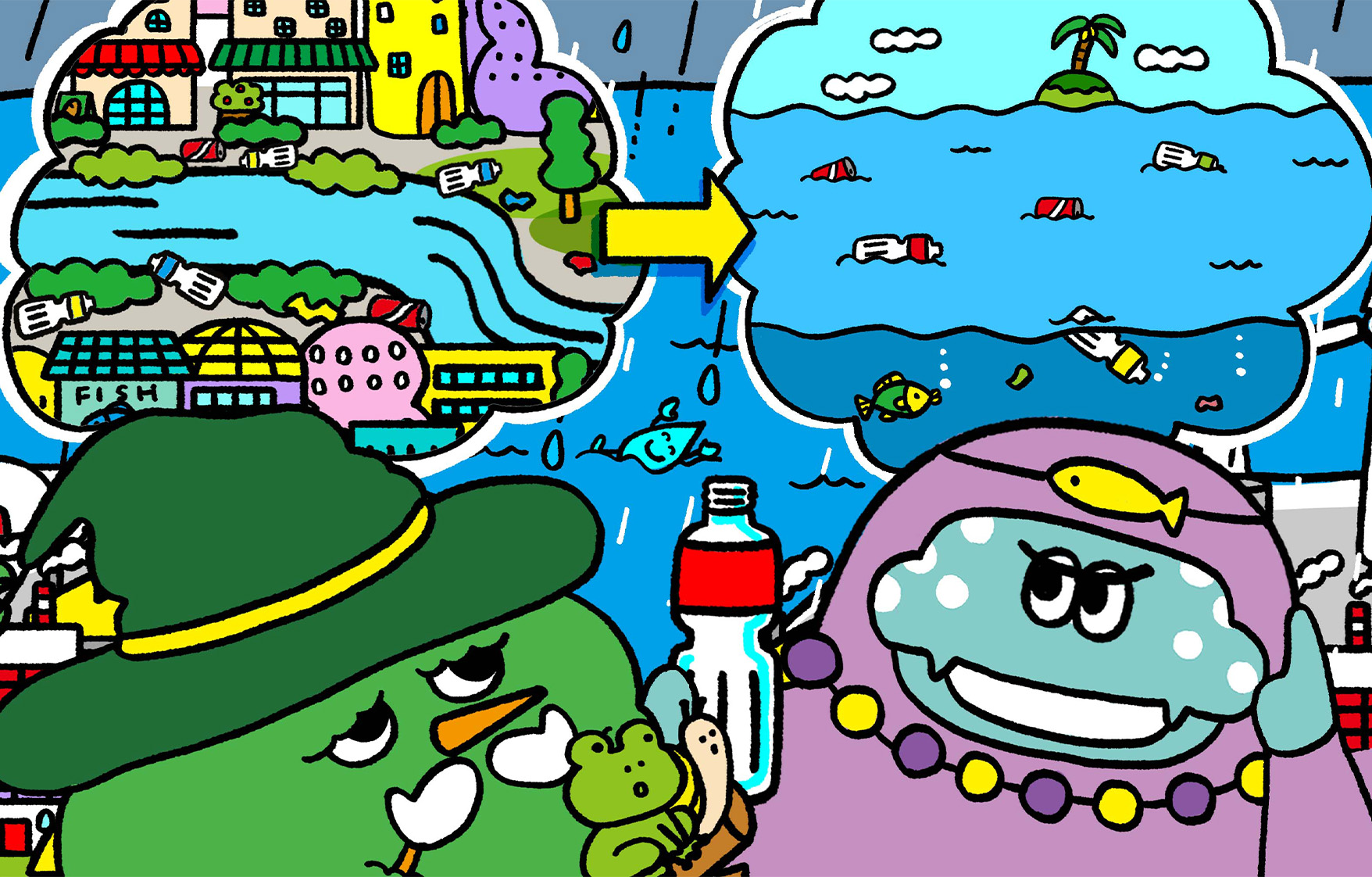 「まちのごみ」が「海のごみ」になってしまうことがあるとウィザーへ説明をするマリアンヌ。